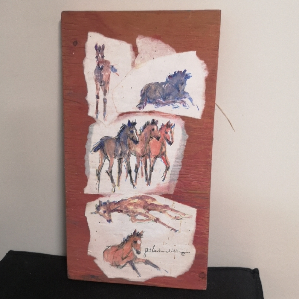 Equestrian Art Panel Collage w Artist Signed Sketches of Horses in Various Poses
